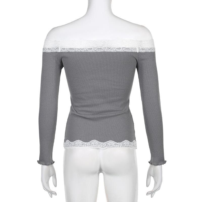 Long sleeve off shoulder ruffle lace hem bowknot ribbed top
