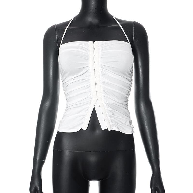 Button ruched solid halter backless crop top