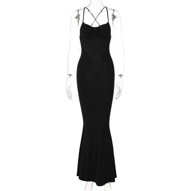 Cross back solid low cut backless cami midi dress  | black rave dress  | black rave dress
