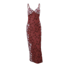 Flower print v neck backless mesh contrast cami midi dress  | red tango dress