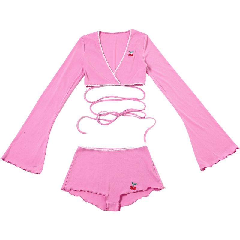 Long sleeve v neck cherry embroidery self tie pant set
