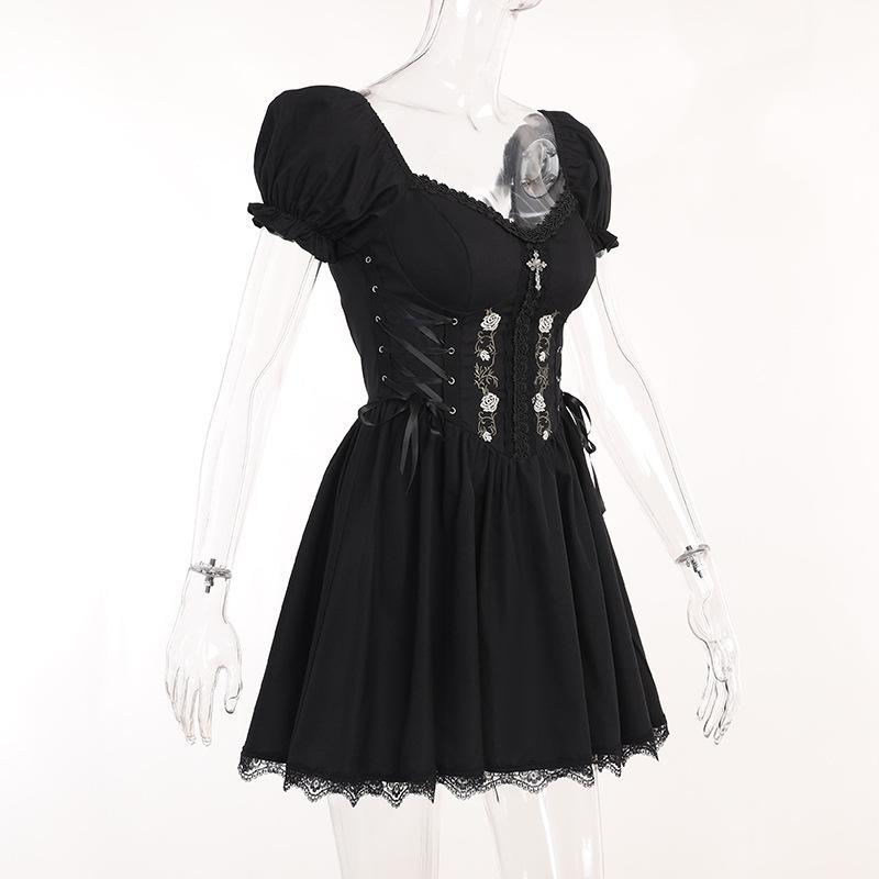 Puff sleeve short sleeve embroidery mini dress