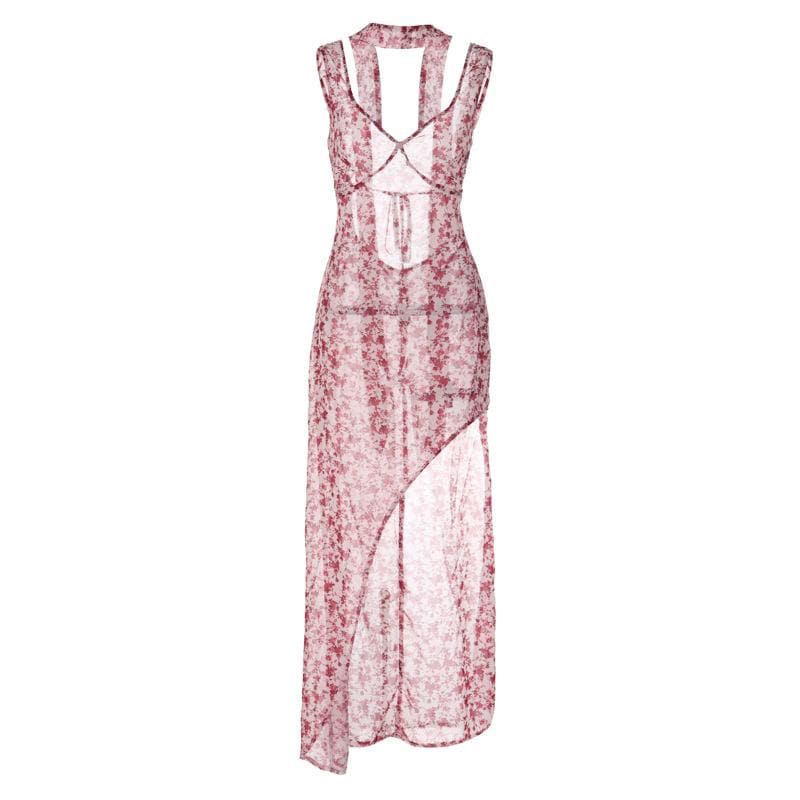Chiffon flower print contrast backless v neck sleeveless maxi dress  | red tango dress
