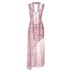 Chiffon flower print contrast backless v neck sleeveless maxi dress  | red tango dress