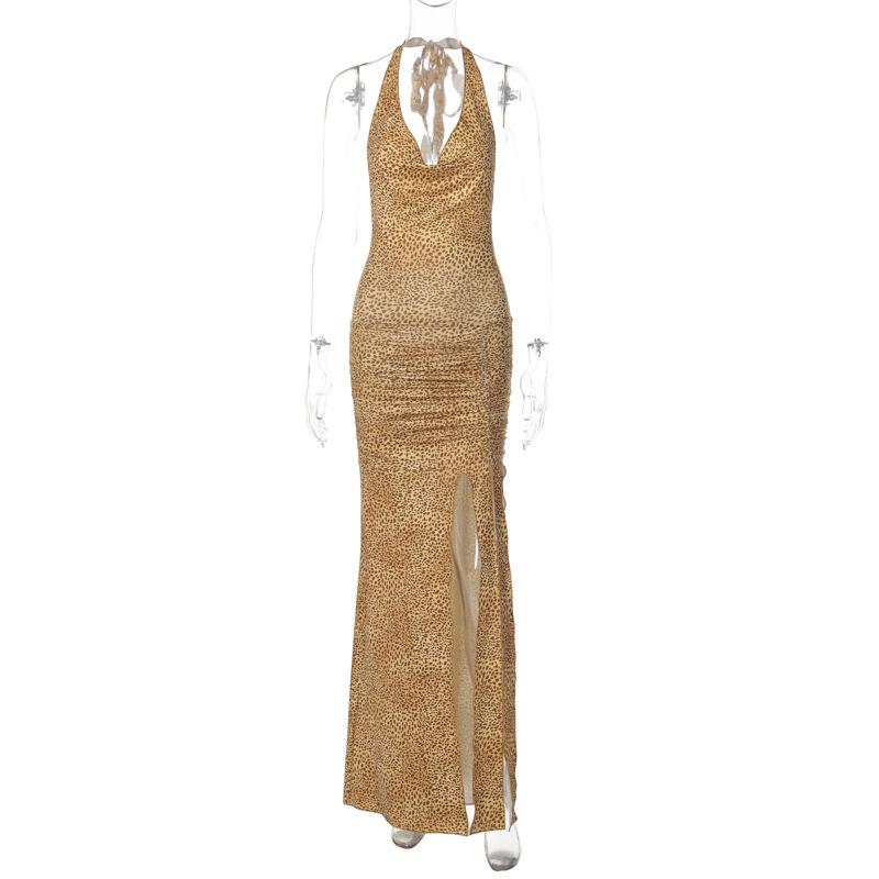 Halter cowl neck print high slit ruched maxi dress