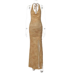 Halter cowl neck print high slit ruched maxi dress