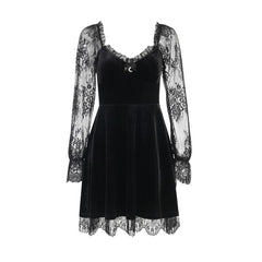 Velvet lace patchwork long sleeve contrast mini dress  | red tango dress