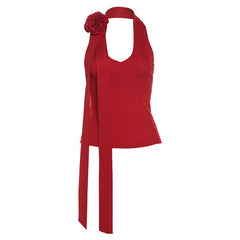 Halter backless flower applique solid top