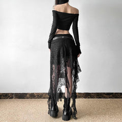 Lace mesh patchwork ruched ruffle midi skirt