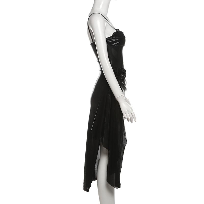 PU leather slit flower applique cami midi dress