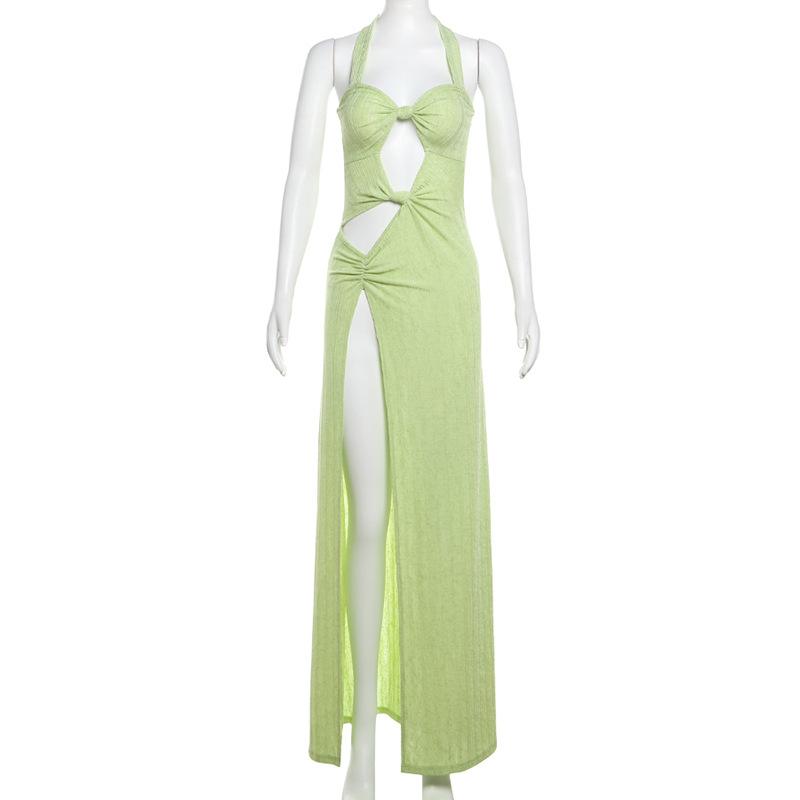 Halter hollow out high slit ruched maxi dress