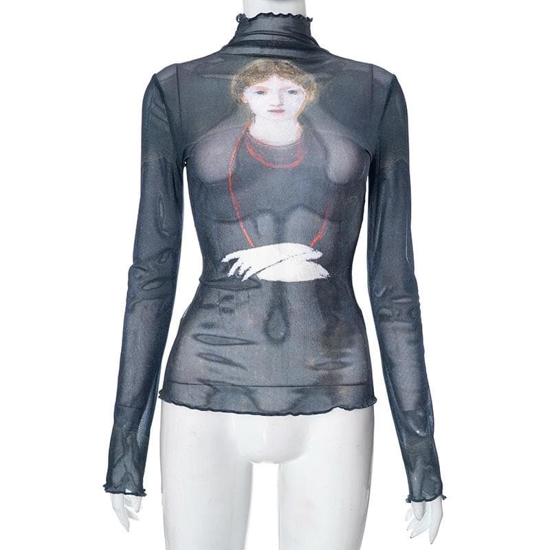 Ruffle see through sheer mesh long sleeve oil painting print top
