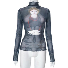 Ruffle see through sheer mesh long sleeve oil painting print top