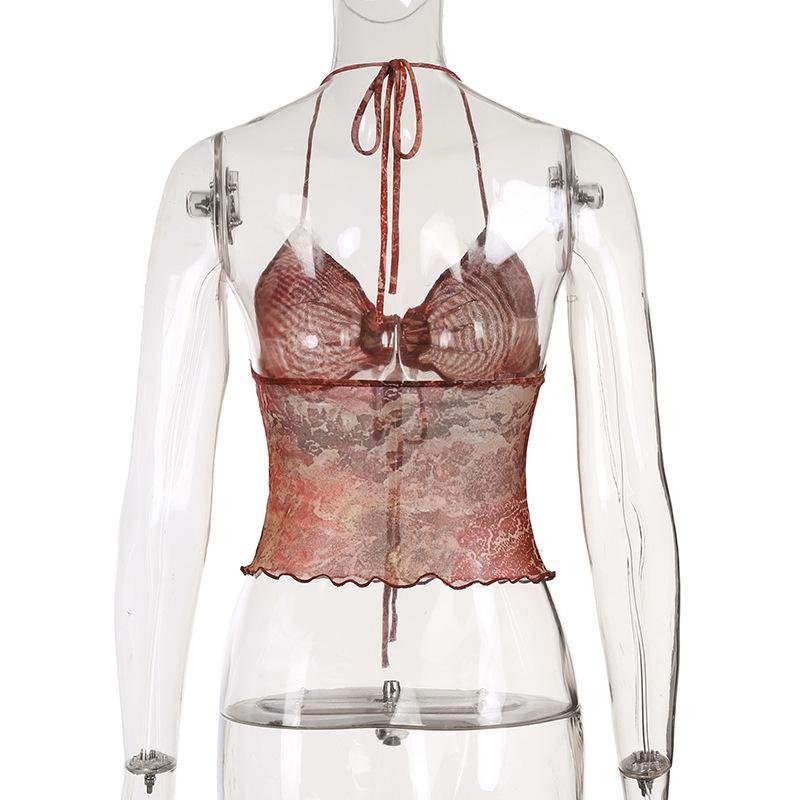 Halter abstract ruched self tie mesh top