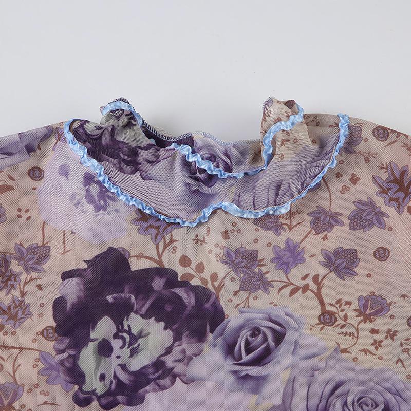 Short sleeve high neck print mesh knotted top