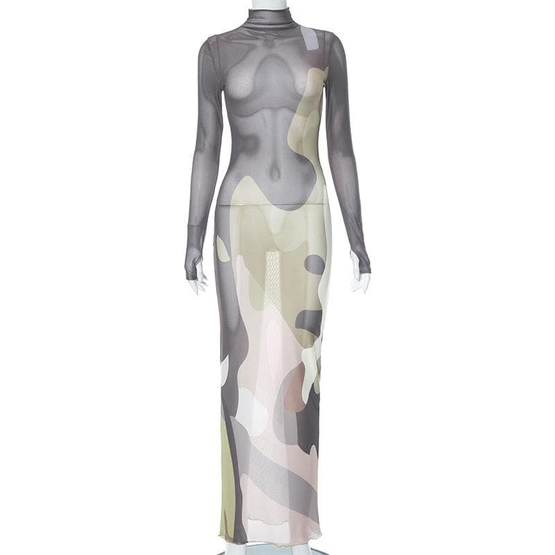 Long sleeve high neck print sheer mesh gloves maxi dress  | samba dress