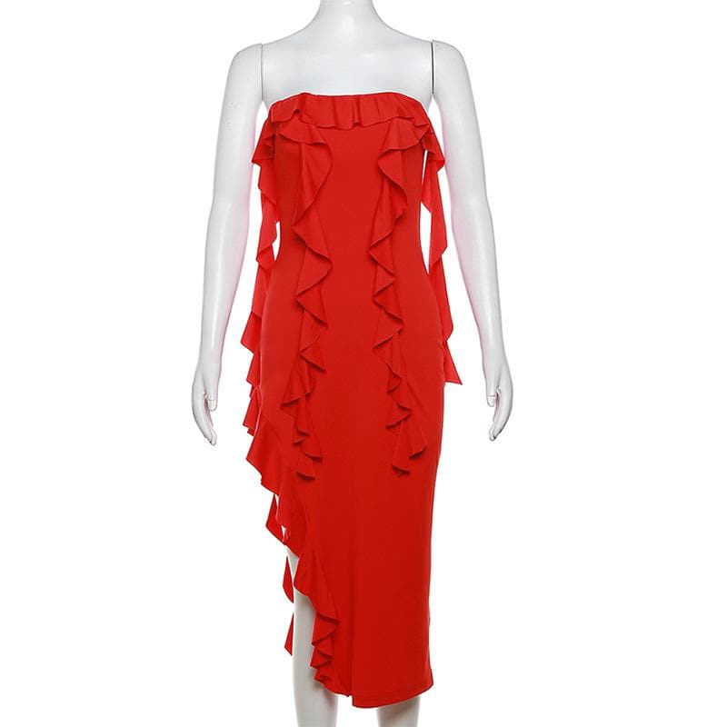 Ruffle high slit ruched irregular solid tube midi dress  | red tango dress