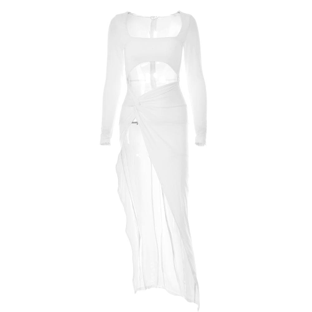 Long sleeve solid hollow out ruched slit knotted midi dress  | red tango dress