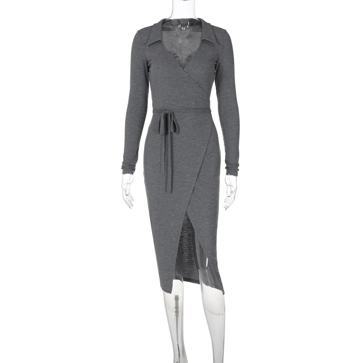 Turnover collar long sleeve slit self tie midi dress  | red tango dress