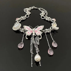 Butterfly flower pendant metal chain choker necklace