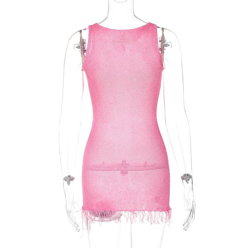 Sleeveless u neck tassels knitted mini dress  | red tango dress