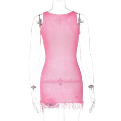Sleeveless u neck tassels knitted mini dress  | red tango dress