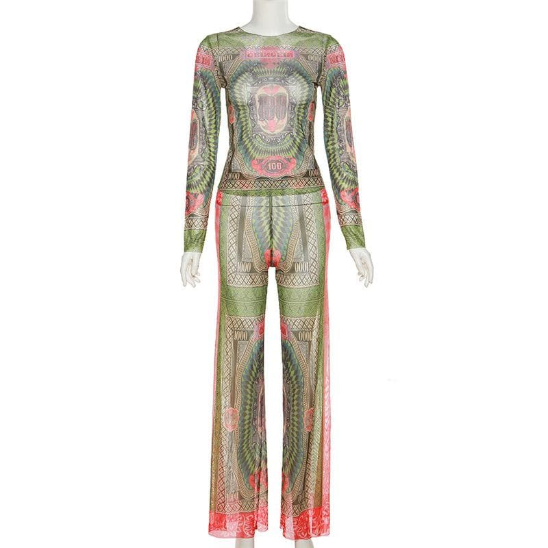 Long sleeve contrast sheer mesh see through pant set