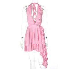 Halter low cut ruffle ruched mini dress