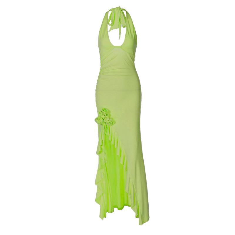 Halter flower applique ruffle ruched slit knotted maxi dress
