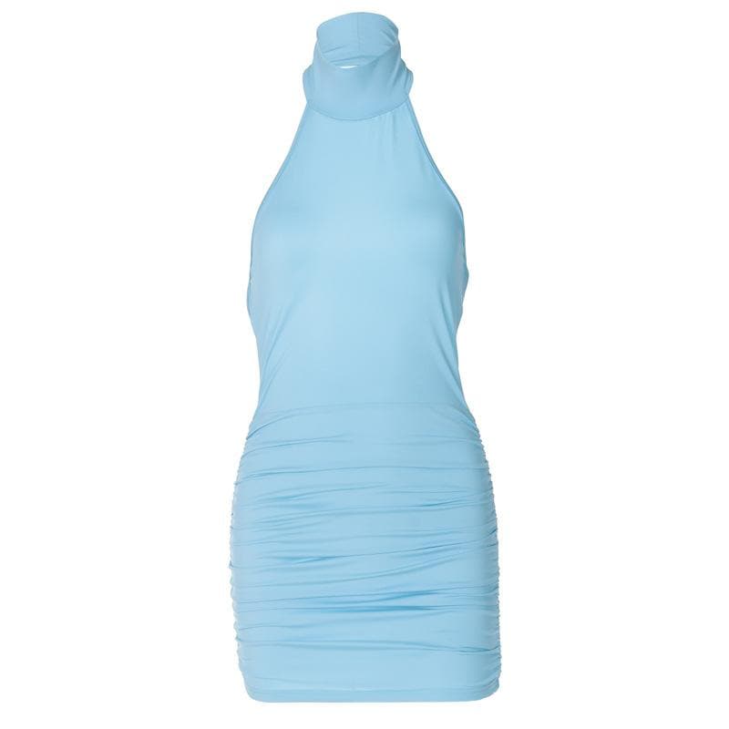 Halter high neck ruched backless mini dress