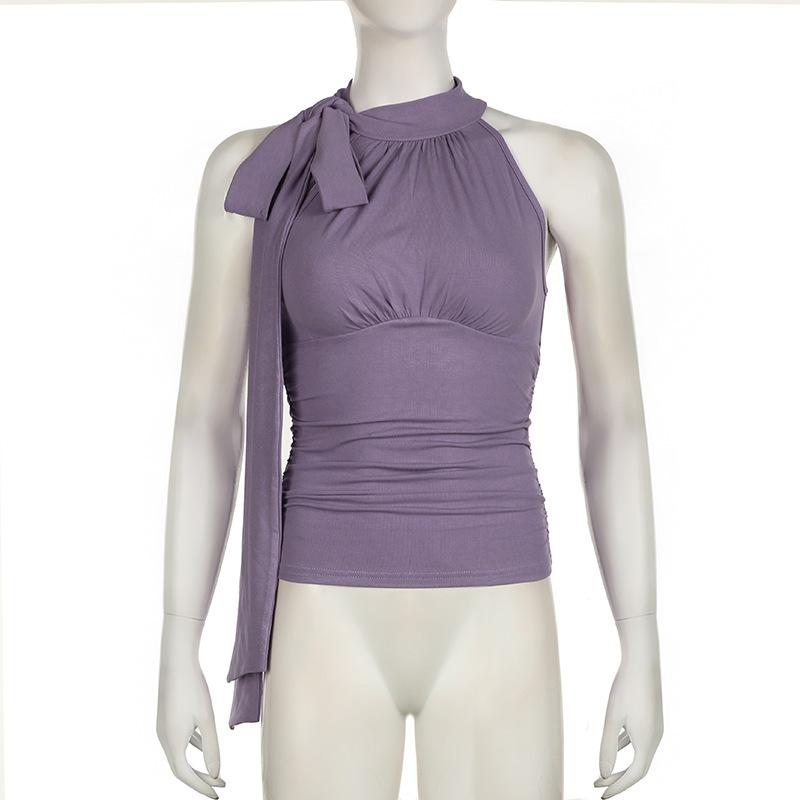 Sleeveless high neck knotted ruched top