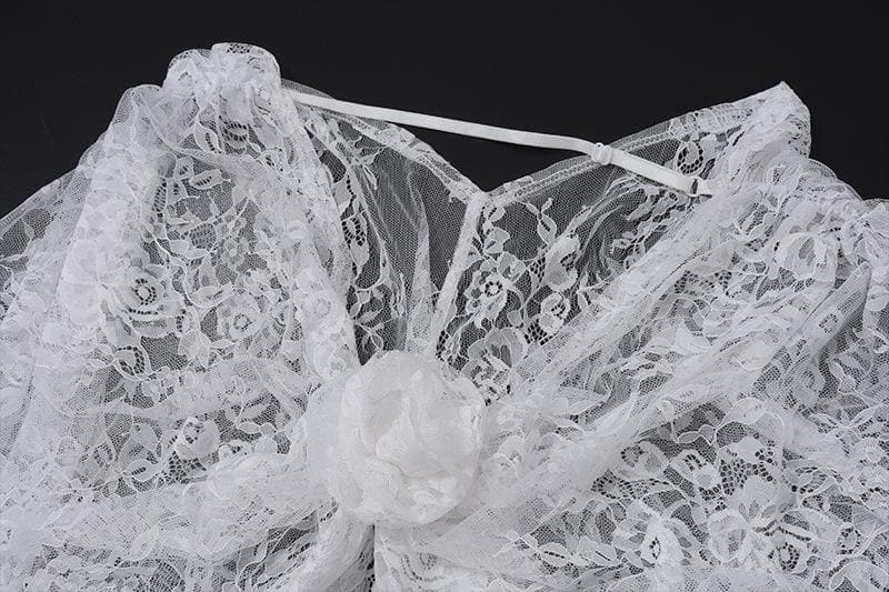 Long puff sleeve lace see through flower applique backless crop top