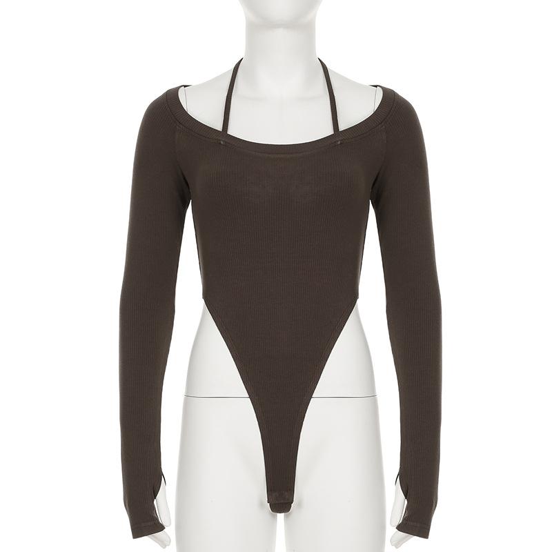 Halter long sleeve knitted self tie bodysuit