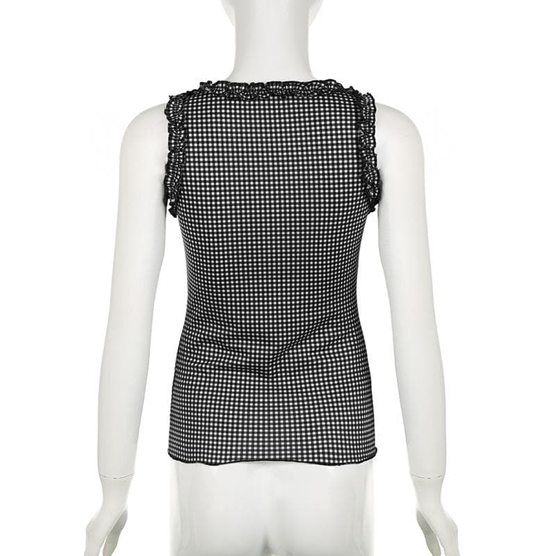 U neck plaid bowknot ruffle contrast ribbon tank top