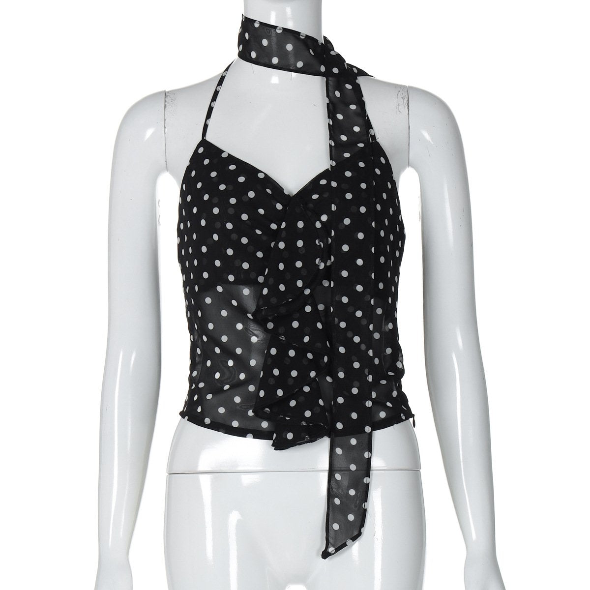 Halter polka dot ruffle knotted top
