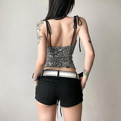 Glitter hollow out self tie backless v neck cami top