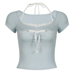 Halter short sleeve bowknot lace hem top