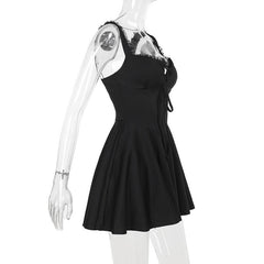 Lace hem button bowknot cami mini dress