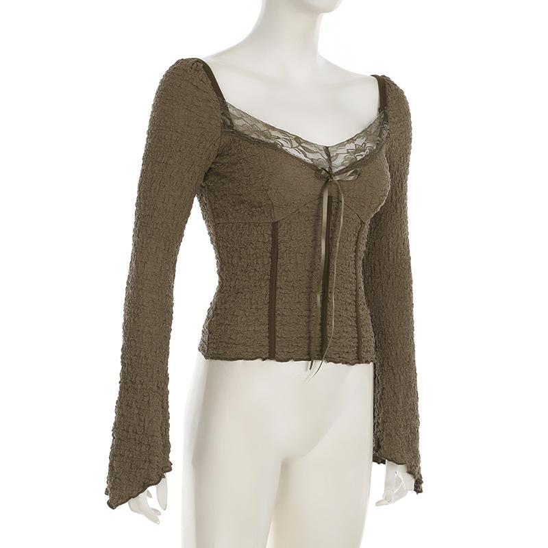Long sleeve textured bowknot lace hem top