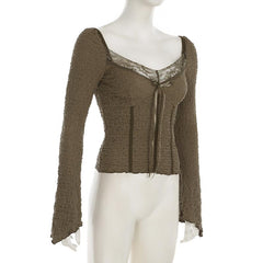 Long sleeve textured bowknot lace hem top