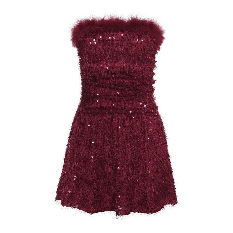 Textured glitter backless feather tube mini dress  | red tango dress