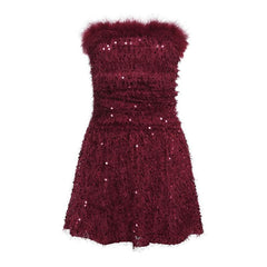 Textured glitter backless feather tube mini dress  | red tango dress
