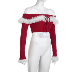 Off shoulder long sleeve fluffy knitted crop top