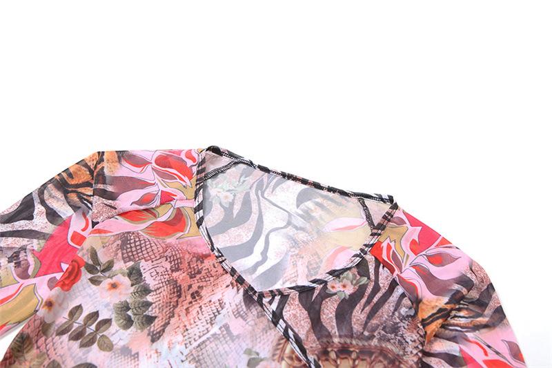V neck long sleeve sheer mesh self tie print top