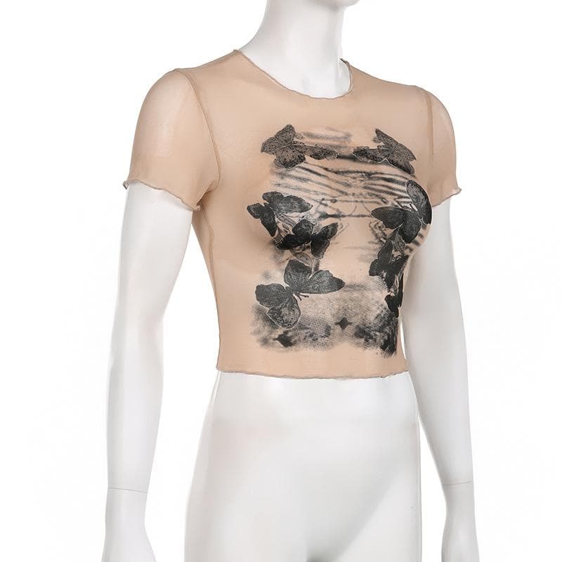 Butterfly pattern sheer mesh see through short sleeve crop top