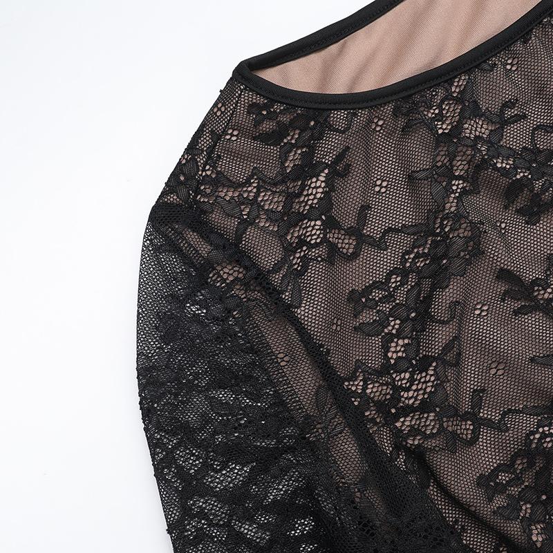 Crewneck long sleeve lace hollow out maxi dress