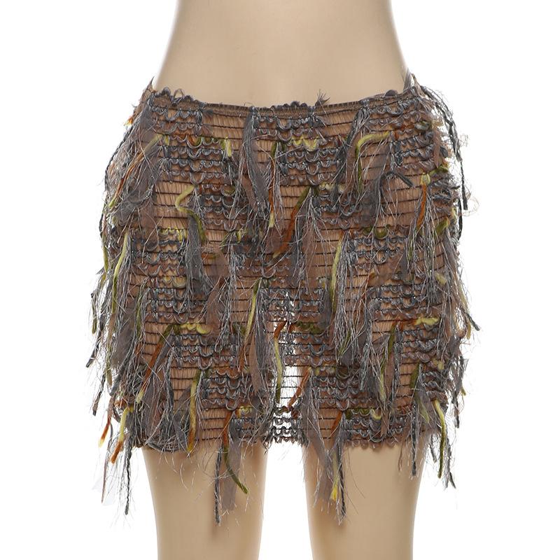 Tassels hollow out see through contrast mini skirt