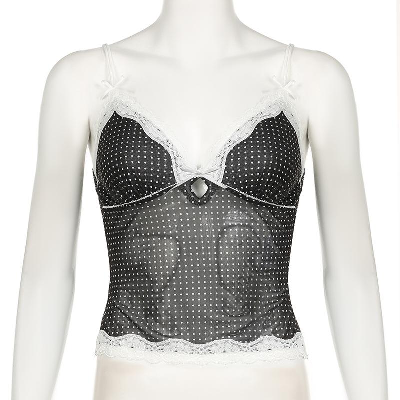 Polka dot lace hem mesh see through cami top