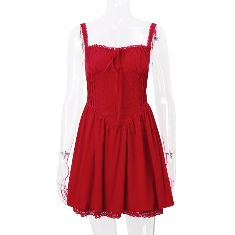 Lace hem drawstring ruched lace up cami mini dress  | red tango dress
