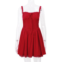 Lace hem drawstring ruched lace up cami mini dress  | red tango dress